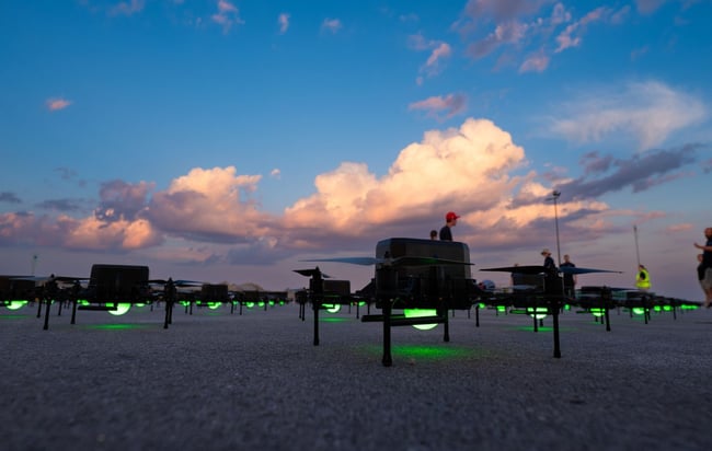 An image from an NLDS drone show featuring the drones on their staging area prior to launch.
