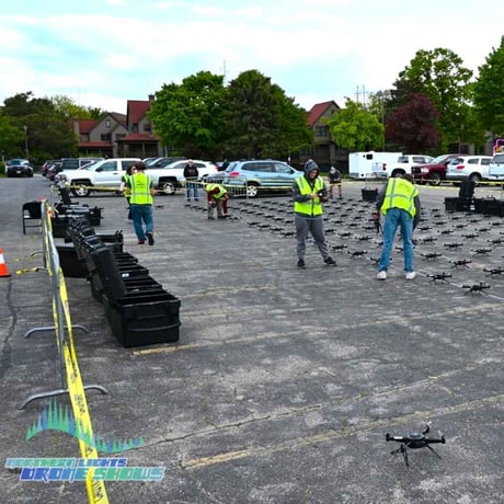 An image of the NLDS flight crew setting up drones on a launch grid before a show.