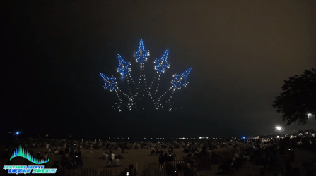 An image from an NLDS drone show featuring a flight formation replica for a 4th of July celebration.