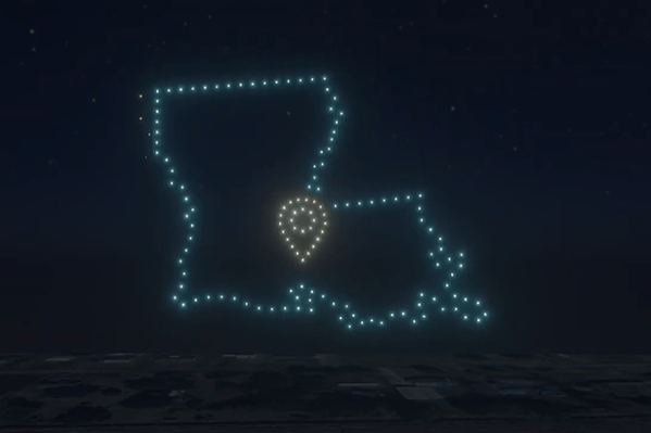 AN image from an NLDS drone show depicting the location of a client's business on a map of Louisiana. AN image from an NLDS drone show depicting the location of a client's business on a map of Louisiana.