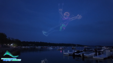 An image from an NLDS drone show featuring ziplining figures that appeared in the NLDS Lake Geneva show. An image from an NLDS drone show featuring ziplining figures that appeared in the NLDS Lake Geneva show.