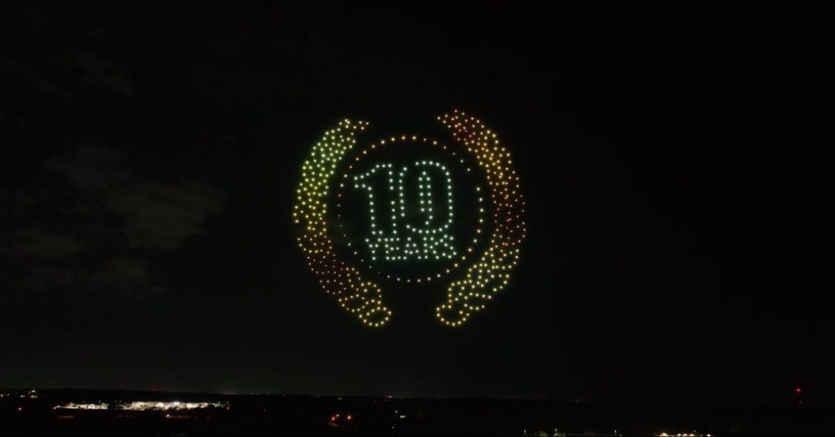 An image from an NLDS drone show featuring a brand's 10-year anniversary logo. An image from an NLDS drone show featuring a brand's 10-year anniversary logo.