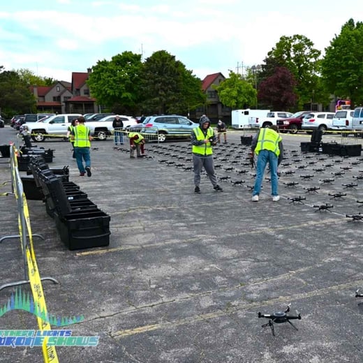 An image of the NLDS ground crew setting up drones before a city drone show. An image of the NLDS ground crew setting up drones before a city drone show.