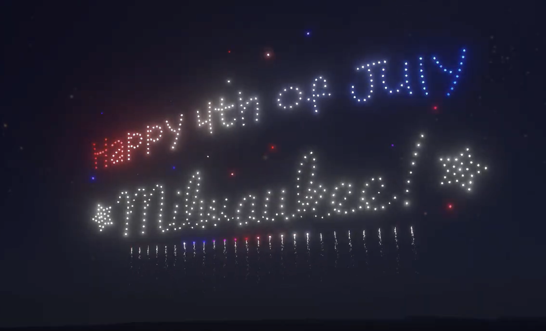 An image from an NLDS drone show featuring a Happy 4th of July Milwaukee message that appeared in the NLDS Milwaukee County 4th of July show. An image from an NLDS drone show featuring a Happy 4th of July Milwaukee message that appeared in the NLDS Milwaukee County 4th of July show.