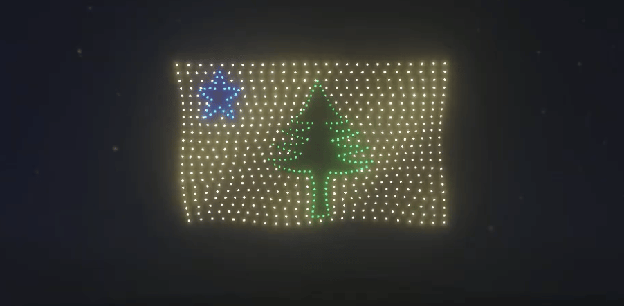 An image of the first generation of Maine's flag in drone form from the Windjammer Days show. An image of the first generation of Maine's flag in drone form from the Windjammer Days show.
