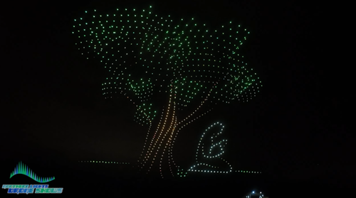 An image of a woman kneeling under a tree during an NLDS drone show.