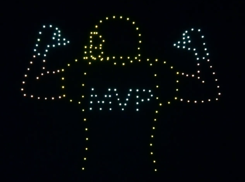 A drone show depicting a football player wearing an MVP shirt.