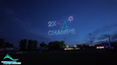 A drone show broadcasting the 2x champion status of a client's sports team.