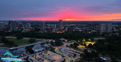 A sunset image of the Milwaukee skyline right before a Northern Lights Drone Show.