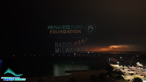 An image of a drone show depicting thank-you messages for the sponsors of the drone show.