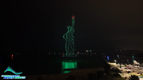 A drone show depicting the statue of liberty in Milwaukee for the 4th of July.