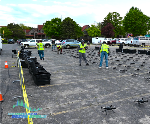 An image depicting an NLDS ground crew setting up for a drone show utilizing a grid pattern.