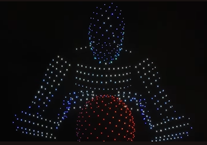 An image from an NLDS drone show depicting the Tesla robot Optimus.
