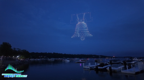 An NLDS drone show depicting the liberty bell ringing above a marina for 4th of July Spectators. An NLDS drone show depicting the liberty bell ringing above a marina for 4th of July Spectators.