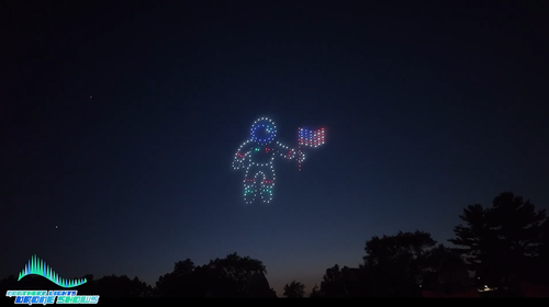 An NLDS drone show depicting a comic astronaut holding an American flag in the sky. An NLDS drone show depicting a comic astronaut holding an American flag in the sky.