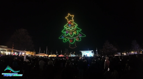 An image from an NLDS drone show depicting a Christmas tree above a huge crowd. An image from an NLDS drone show depicting a Christmas tree above a huge crowd.