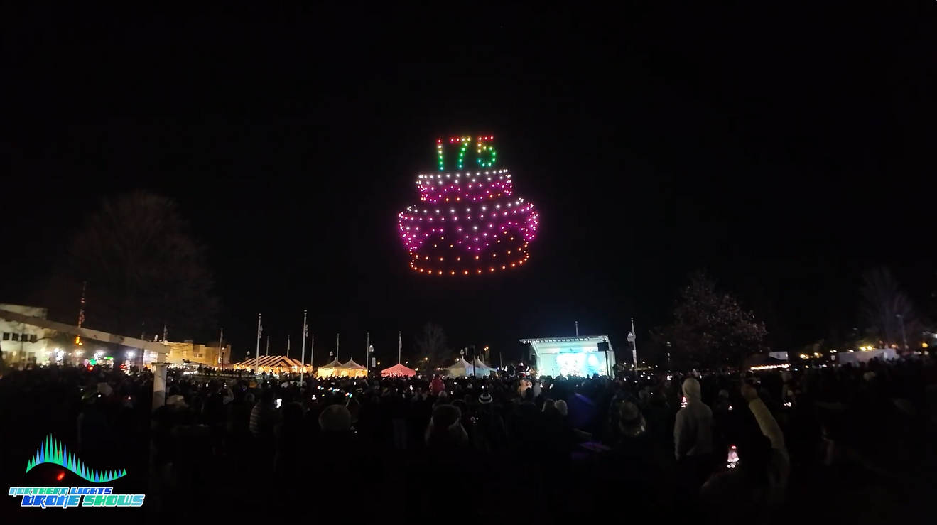 A drone show for the city of Kenosha currently depicting a cake with the numbers 175 on it. A drone show for the city of Kenosha currently depicting a cake with the numbers 175 on it.