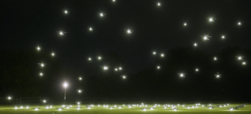 An image depicting NLDS drones taking off from the ground to begin a drone show.