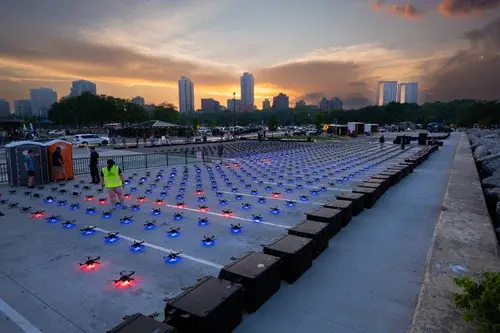 An image from prior to an NLDS drone show featuring the grid layout of the drones.