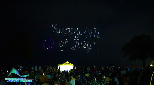 An image from an NLDS drone show depicting the words "Happy 4th of July!" in the sky for the 4th of July celebration. An image from an NLDS drone show depicting the words "Happy 4th of July!" in the sky for the 4th of July celebration.