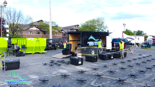 An image depicting an NLDS ground crew setting up for a drone show.
