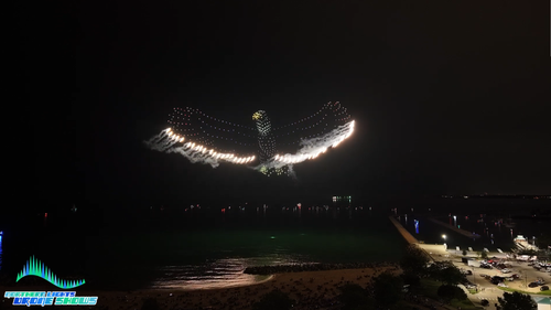 An image from an NLDS drone show depicting a thousand drones in the shape of an eagle with flaming wings.