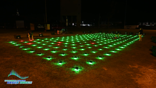 An image depicting dozens of drones undergoing a safety protocol prior to takeoff.