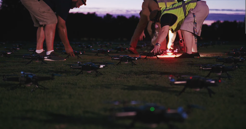 An image depicting NLDS drone crew teams setting drones up to begin flying for a show.