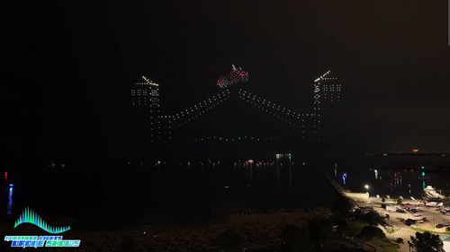 An image from an NLDS drone show depicting a motorcycle jumping across a draw bridge, utilizing pyro drones. An image from an NLDS drone show depicting a motorcycle jumping across a draw bridge, utilizing pyro drones.