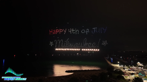 An image from the end of an NLDS 4th of July show in which the drones are arranged to thank the entire audience of spectators. An image from the end of an NLDS 4th of July show in which the drones are arranged to thank the entire audience of spectators.