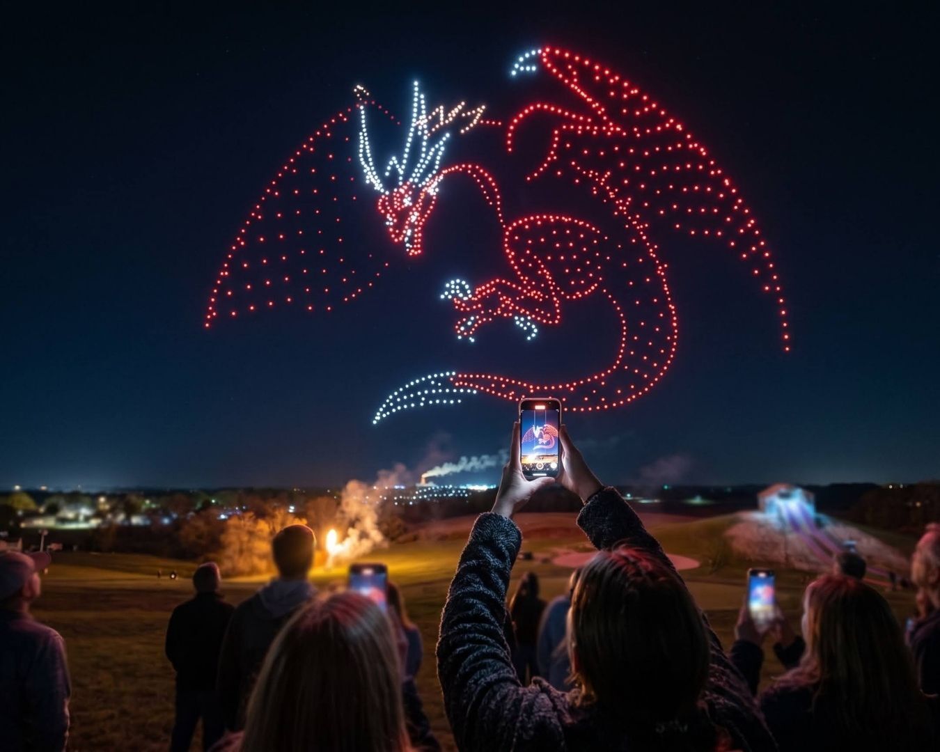 An image from an NLDS drone show depicting a giant dragon that breathes fire later on in the show.