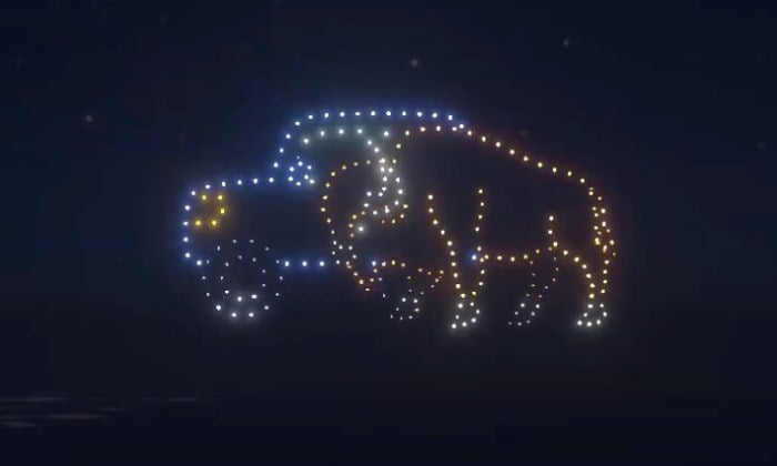An image from an NLDS drone show featuring a buffalo that appeared in the NLDS Lake Geneva Fourth of July show. An image from an NLDS drone show featuring a buffalo that appeared in the NLDS Lake Geneva Fourth of July show.
