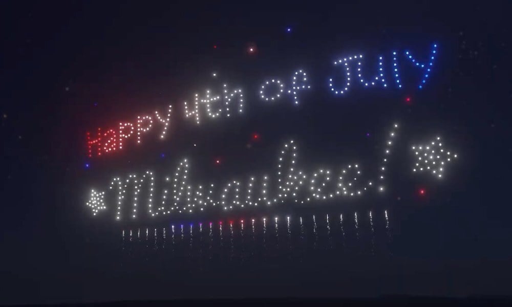 An image from an NLDS drone show featuring a Happy 4th of July message that appeared in the NLDS Milwaukee County 4th of July show.