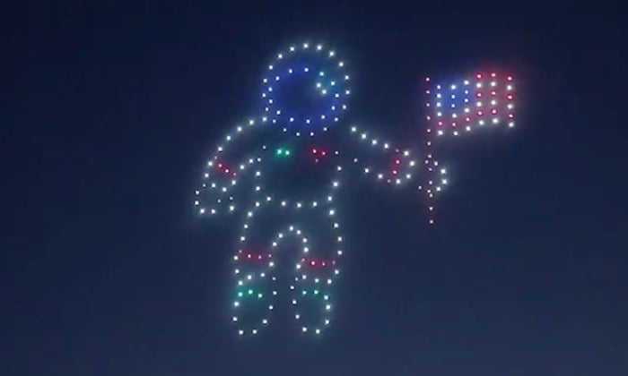An image from an NLDS drone show featuring a patriot astronaut that appeared in the NLDS New Berlin Fourth of July show. An image from an NLDS drone show featuring a patriot astronaut that appeared in the NLDS New Berlin Fourth of July show.