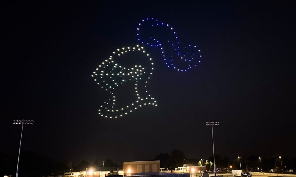An image from an NLDS drone show featuring a formation over the stadium that appeared in the NLDS Oak Creek National Night Out show.