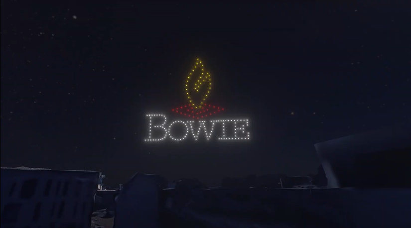 An image from an NLDS drone show depicting Bowie University's logo.