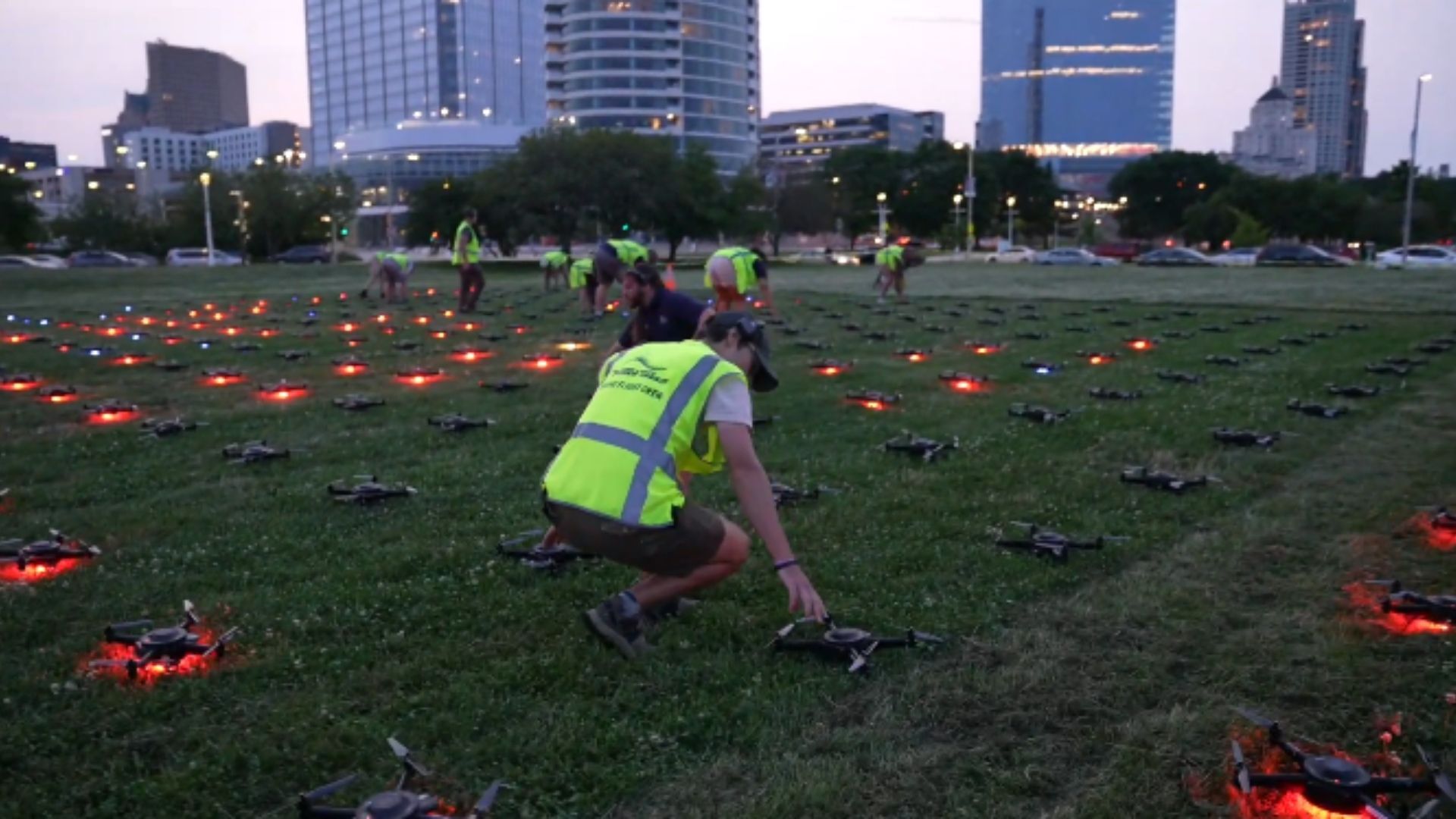 An image from the set up of a drone show.