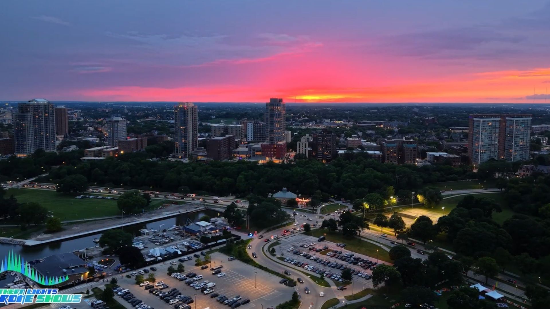 An image from an NLDS drone show featuring a beautiful skyline prior to the show.