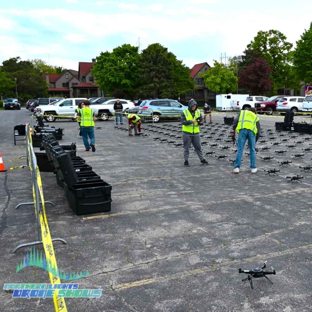 An image taken prior to an NLDS drone show depicting the setup process.