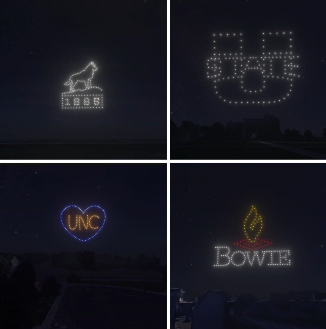 An image from an NLDS drone show depicting all of the work we've done so far with universities across the United States.