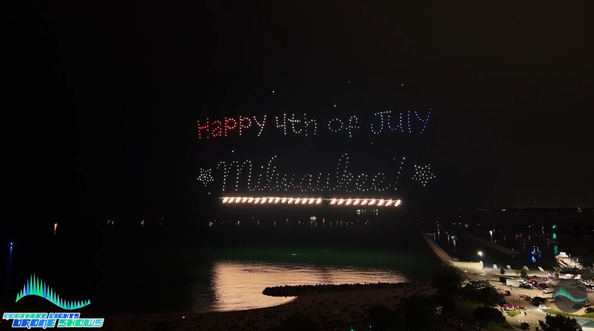 An image from an NLDS drone show depicting the phrase, "Happy 4th of July, Milwaukee!" An image from an NLDS drone show depicting the phrase, "Happy 4th of July, Milwaukee!"