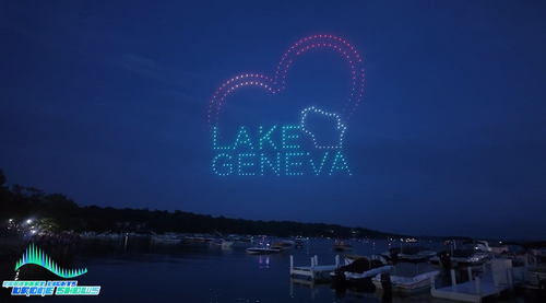 An image from an NLDS custom drone show custom-made to shout out the city of Lake Geneva.
