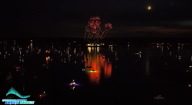 An image from an NLDS drone show depicting one of Maine's wood trolls.
