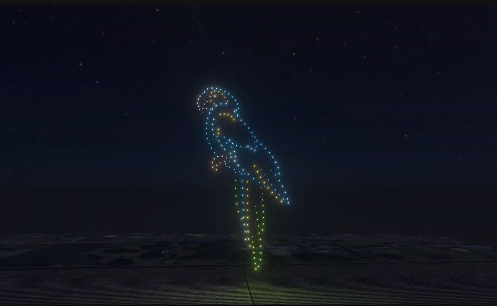 An image from an NLDS drone show depicting a parrot for a resort's show. An image from an NLDS drone show depicting a parrot for a resort's show.