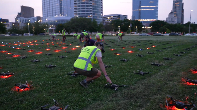 An image from the setup of an NLDS drone show.