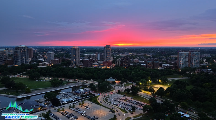 An image of a city skyline at sunset before an NLDS drone show. An image of a city skyline at sunset before an NLDS drone show.