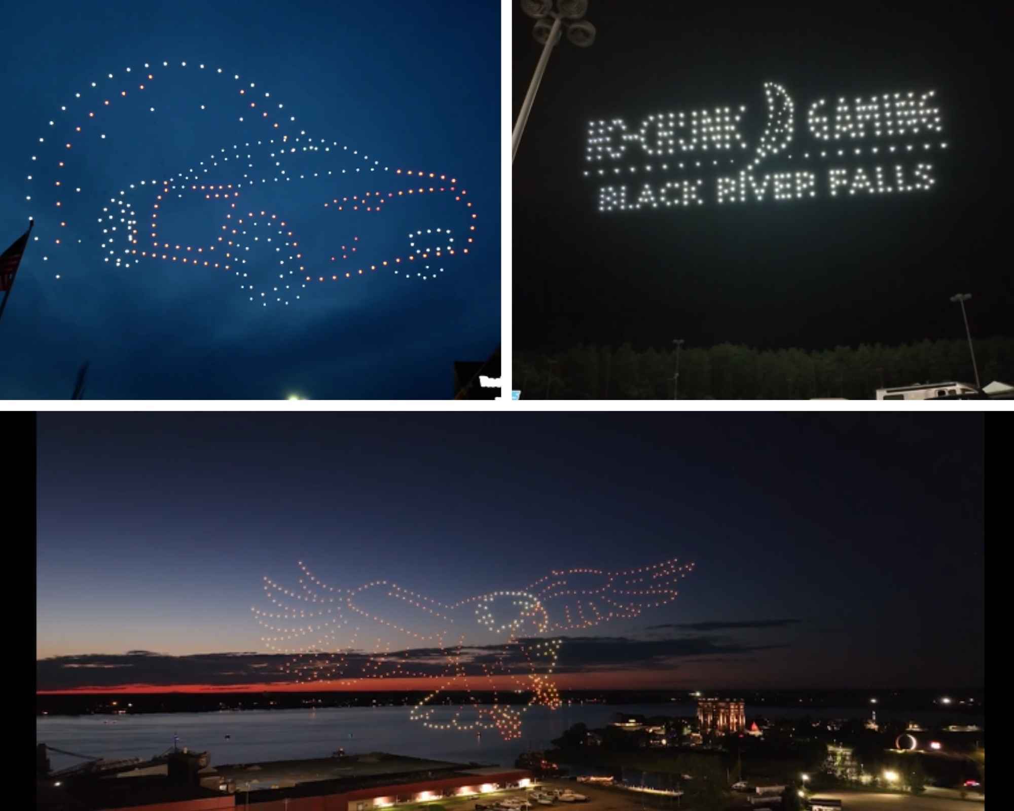 A collage of 3 different NLDS custom drone shows that demonstrate the different kinds of things we can do.