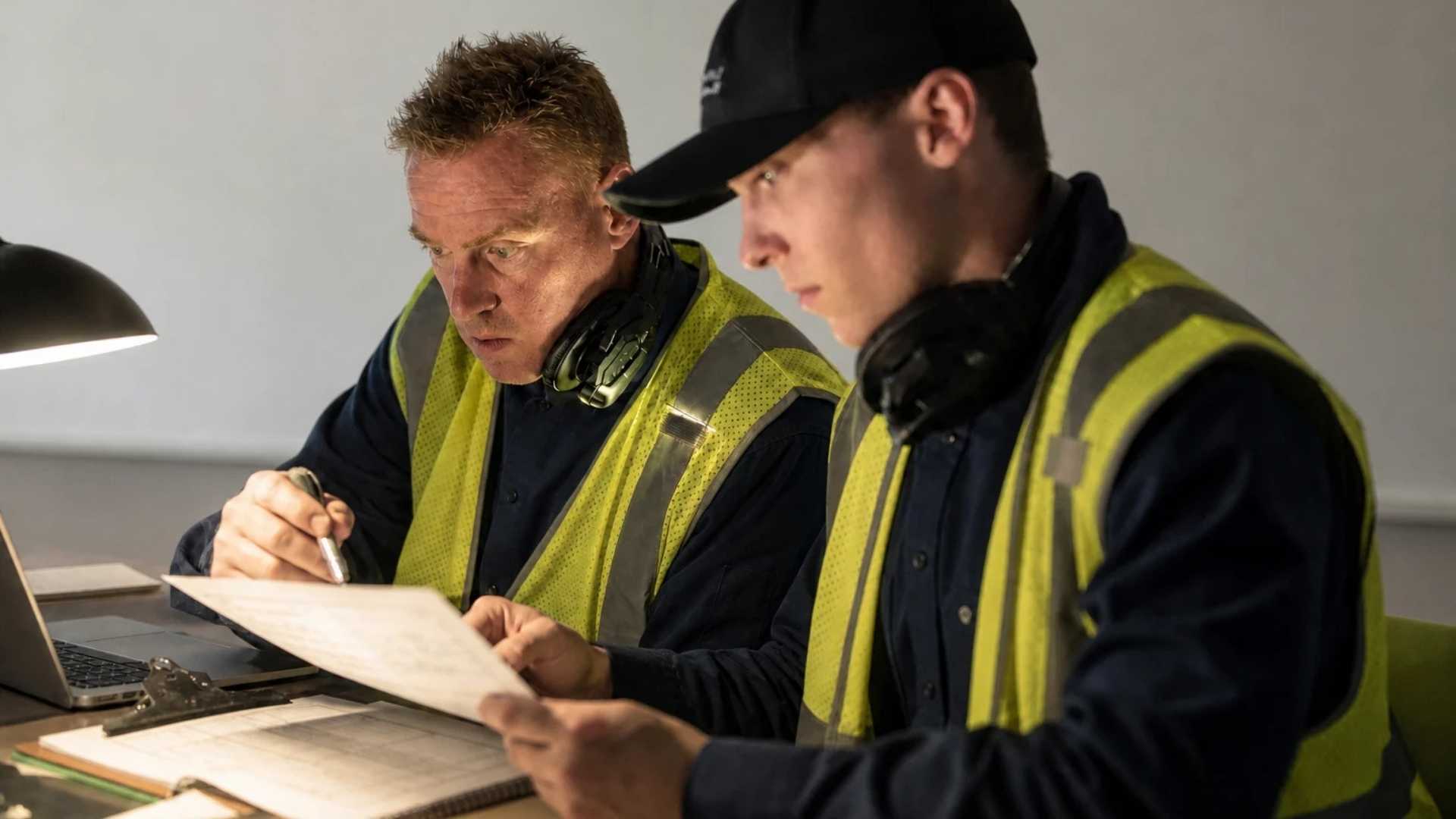 An image of 2 NLDS groundcrew members working on FAA paperwork for a client.