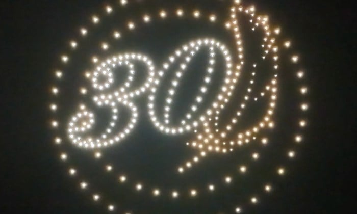 An image from an NLDS drone show featuring a 30th anniversary formation that appeared in the NLDS Ho-Chunk Gaming show.