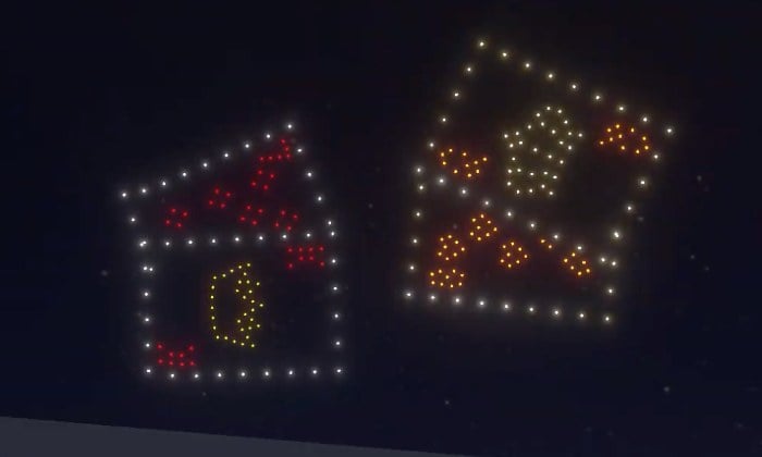 An image from an NLDS drone show featuring a card dealing formation that appeared in the NLDS Ho-Chunk Gaming show.